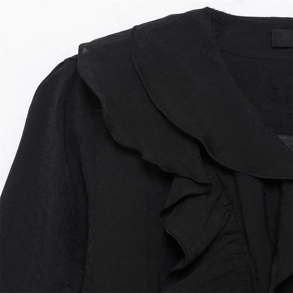 Women's Blouses in Black and Cream Colors V Neck with Ruffled Details Long Puff Sleeves Elegant and Feminine