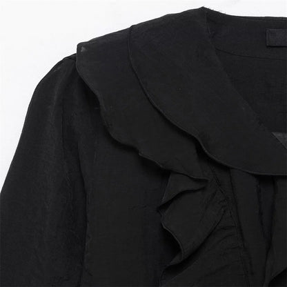Women's Blouses in Black and Cream Colors V Neck with Ruffled Details Long Puff Sleeves Elegant and Feminine