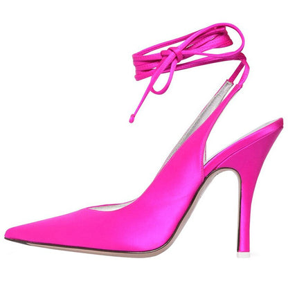 Summer Woman Sandals Baotou Lace-Up Rome High Heel Shoes Fashion Silk Pointed Toe Party Sandals Woman Formal Shoes
