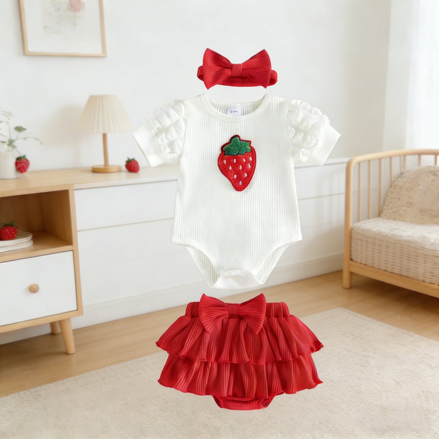 New Baby Infant Romper Set Strawberry Print Short Sleeve Top with Bow Diaper Pant and Headband