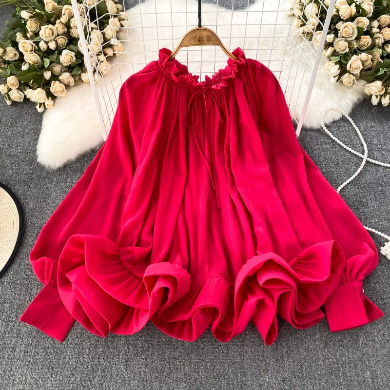 Spring Autumn O-neck Ruffles Blouses Korean Sweet Chiffon Shirts Women Sleeve Loose