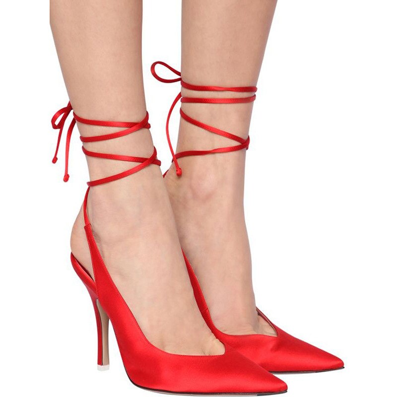 Summer Woman Sandals Baotou Lace-Up Rome High Heel Shoes Fashion Silk Pointed Toe Party Sandals Woman Formal Shoes