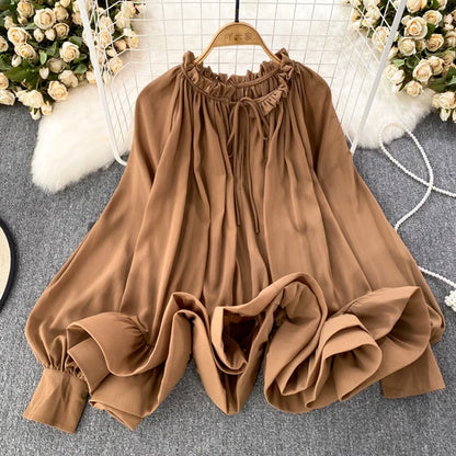 Spring Autumn O-neck Ruffles Blouses Korean Sweet Chiffon Shirts Women Sleeve Loose