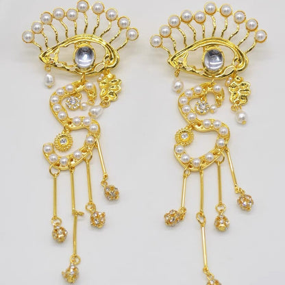 European and American Heavy Industries Exaggerated Personality Devil's Eye Pearl S Letter Tassel Large Earrings Light Luxury High End Earrings
