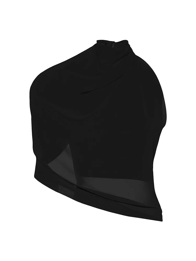 VGH Solid Sexy Asymmetrical Mesh Blouses For Women Turtleneck Sleeveless Backless Minimalist Slimming Blouse Female Fashion New