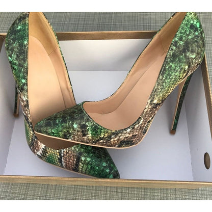 Green Snake Pattern Woman Shoes Girls Sexy High Heels Printed Multi Colors Stilettos 12cm Wedding Shoes YG032 ROVICIYA
