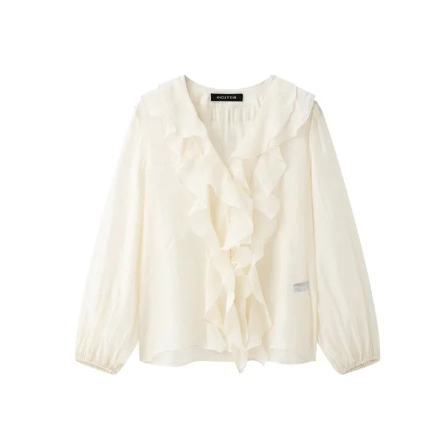 Women's Blouses in Black and Cream Colors V Neck with Ruffled Details Long Puff Sleeves Elegant and Feminine
