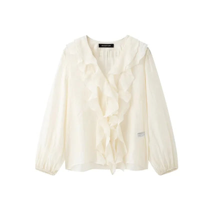 Women's Blouses in Black and Cream Colors V Neck with Ruffled Details Long Puff Sleeves Elegant and Feminine