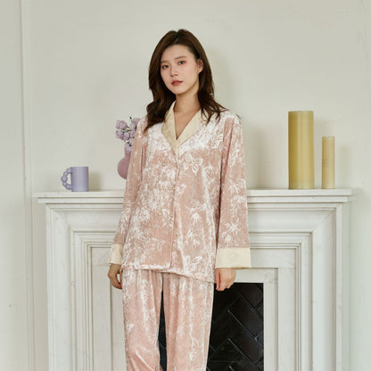 Women's Long Sleeve Long Pant Pink Gold Leaf Butterfly Velvet Elegant Home Wear Two-Piece Set