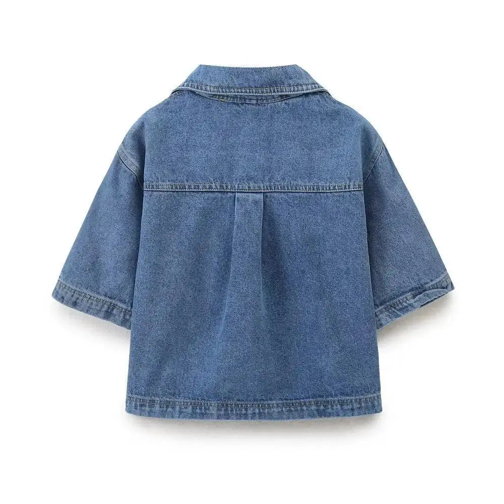 Women Blue Denim Shirts Short Sleeve V-neck Crop Blouses Elegant Tops