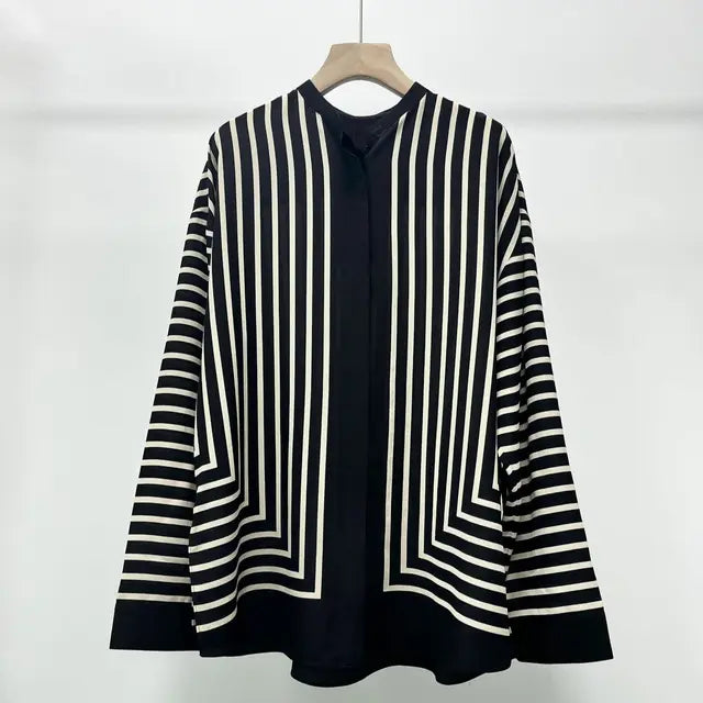 Spring Women Silk Blouses Stripes Long Sleeve Loose Covered Buttons