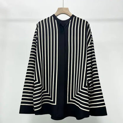 Spring Women Silk Blouses Stripes Long Sleeve Loose Covered Buttons