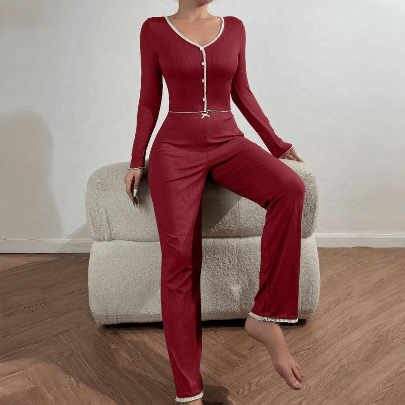 Sexy Lace Trimmed Long Sleeve Long Pant Sleepwear Set
