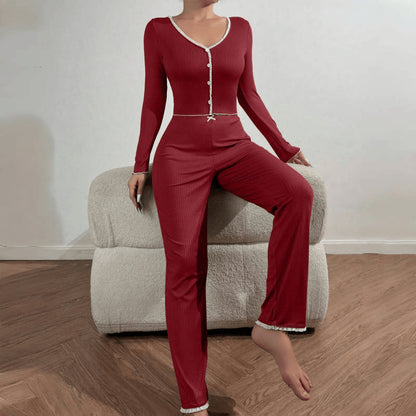 Sexy Lace Trimmed Long Sleeve Long Pant Sleepwear Set