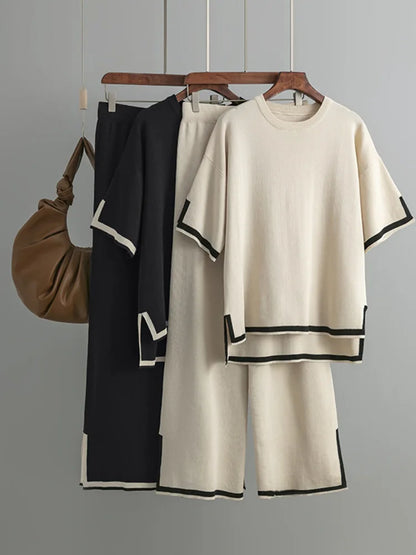 Minimalist Style Patchwork O-neck Short Sleeve Loose Sweater Casual Tops High Waist Pant 2 Piece Set