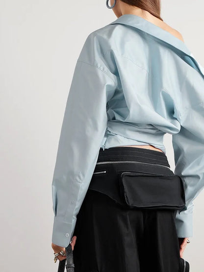 Solid Casual Patchwork Button Blouse For Women Lapel Long Sleeve Irregular Designer Blouses Female Fashion Style
