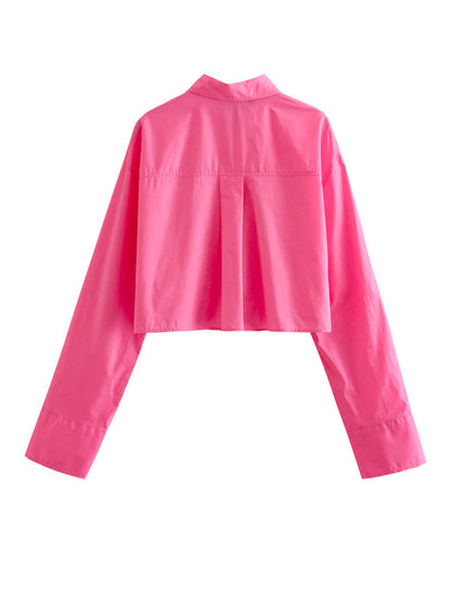 Women Fashion With Pockets Cropped Poplin Shirts Vintage Long Sleeve Button-up Female Blouses Blusas Chic Tops
