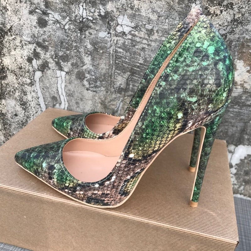 Green Snake Pattern Woman Shoes Girls Sexy High Heels Printed Multi Colors Stilettos 12cm Wedding Shoes YG032 ROVICIYA