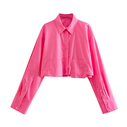 Women Fashion With Pockets Cropped Poplin Shirts Vintage Long Sleeve Button-up Female Blouses Blusas Chic Tops
