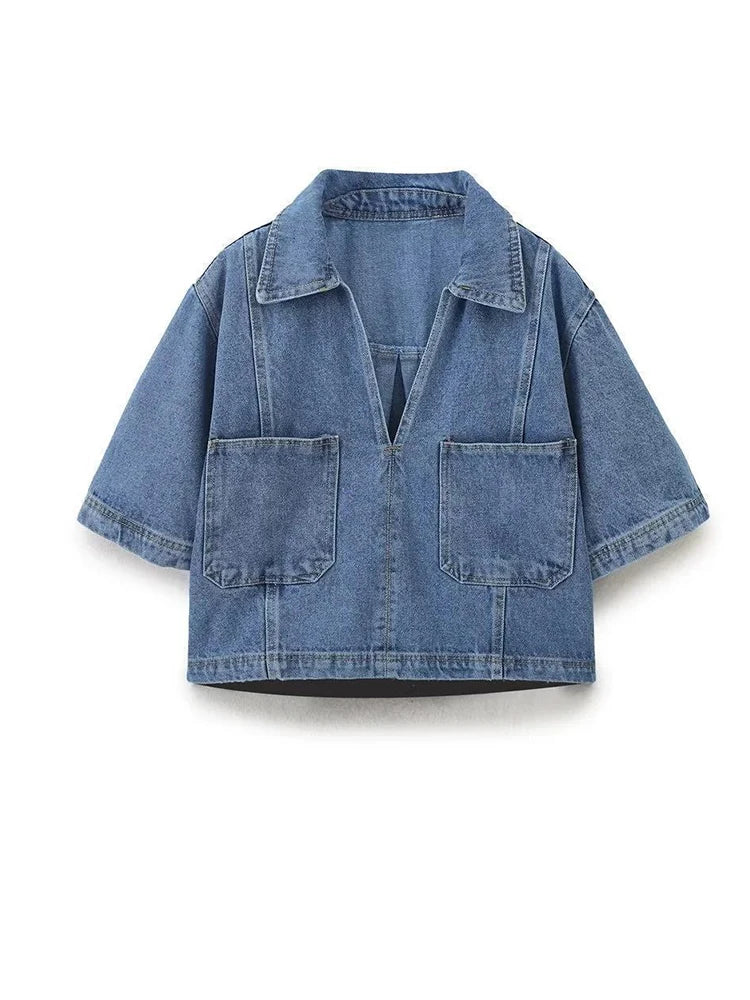 Women Blue Denim Shirts Short Sleeve V-neck Crop Blouses Elegant Tops