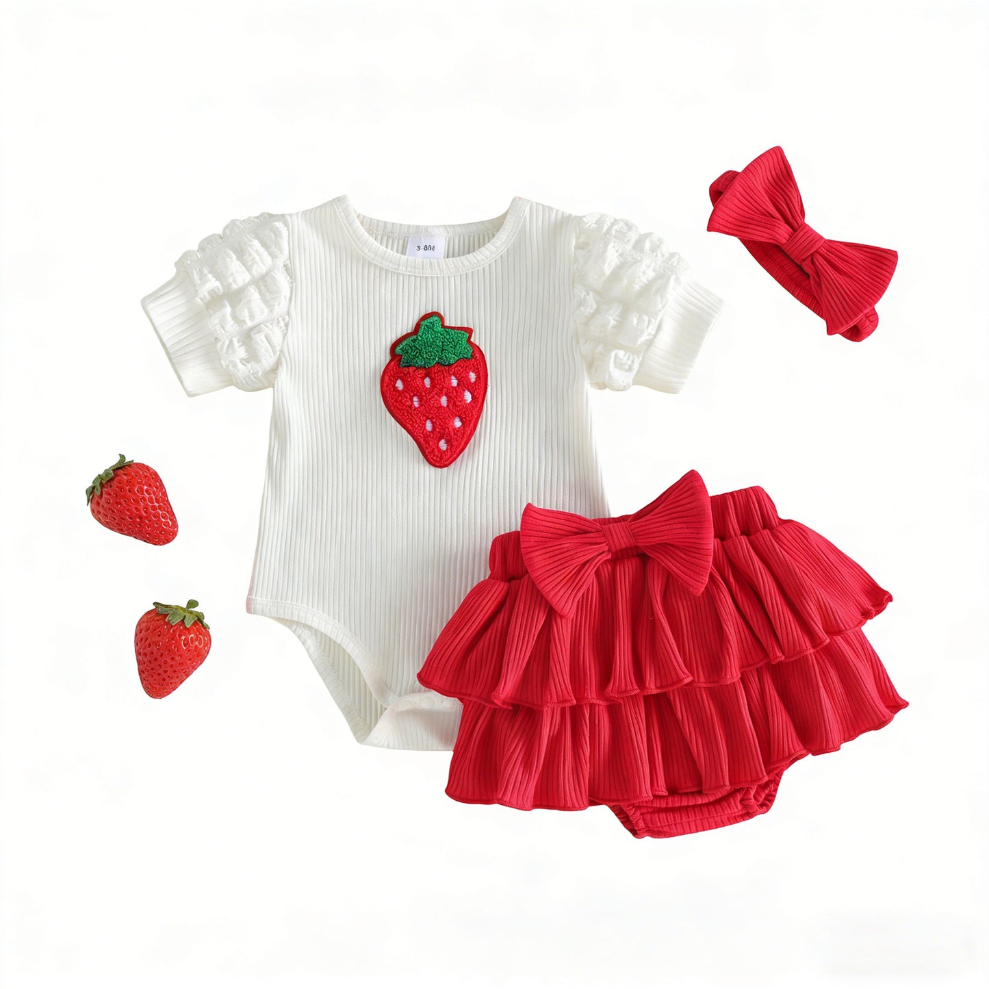 New Baby Infant Romper Set Strawberry Print Short Sleeve Top with Bow Diaper Pant and Headband