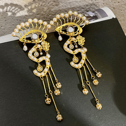 European and American Heavy Industries Exaggerated Personality Devil's Eye Pearl S Letter Tassel Large Earrings Light Luxury High End Earrings