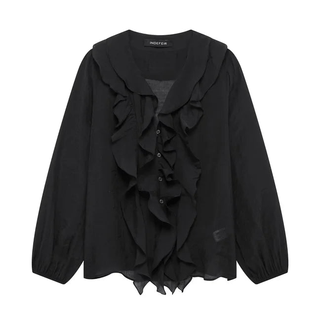 Women's Blouses in Black and Cream Colors V Neck with Ruffled Details Long Puff Sleeves Elegant and Feminine