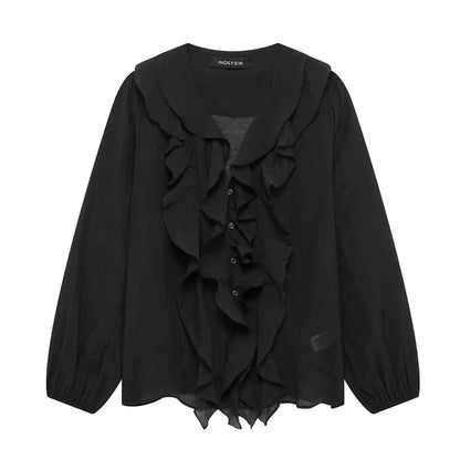 Women's Blouses in Black and Cream Colors V Neck with Ruffled Details Long Puff Sleeves Elegant and Feminine