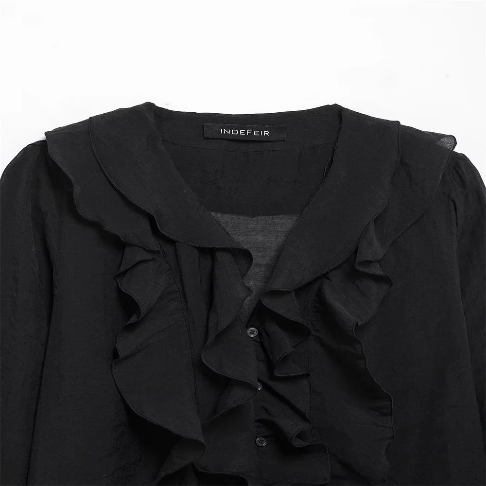 Women's Blouses in Black and Cream Colors V Neck with Ruffled Details Long Puff Sleeves Elegant and Feminine