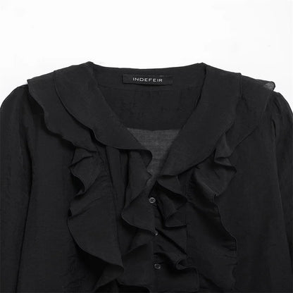 Women's Blouses in Black and Cream Colors V Neck with Ruffled Details Long Puff Sleeves Elegant and Feminine