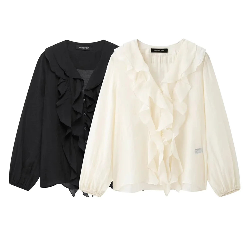 Women's Blouses in Black and Cream Colors V Neck with Ruffled Details Long Puff Sleeves Elegant and Feminine