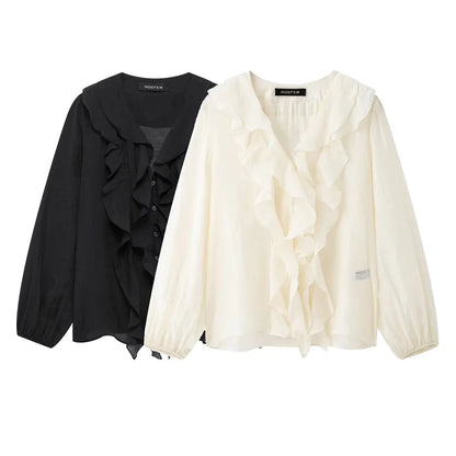 Women's Blouses in Black and Cream Colors V Neck with Ruffled Details Long Puff Sleeves Elegant and Feminine
